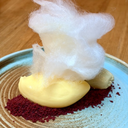 Citrónový krém a pistáciová zmrzlina, kakaový griliáš, cukrová vata