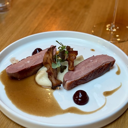Pečená kachní prsa, černý rybíz, pyré z černého kořene, pancetta, kachní jus